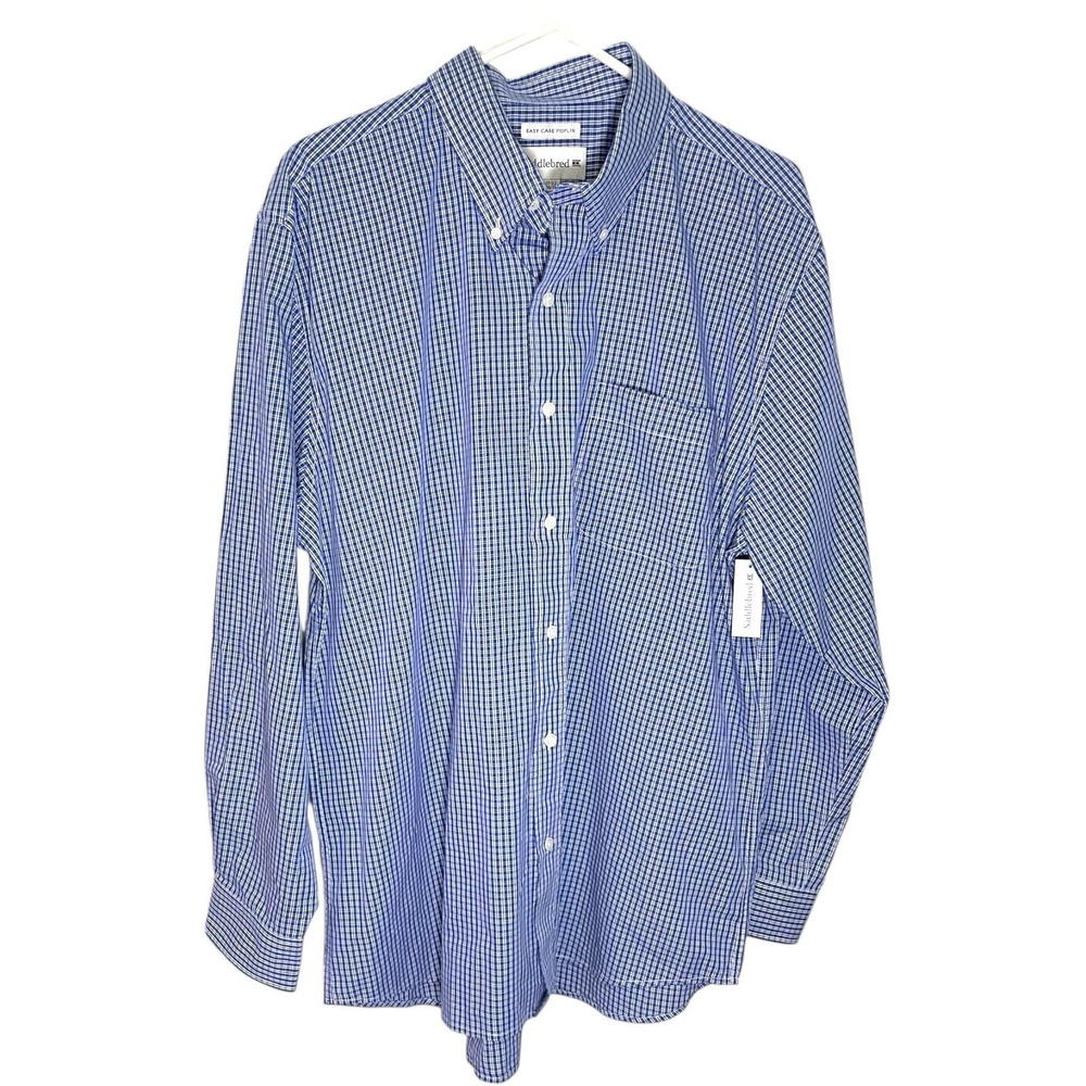 Saddlebred 17.5 34/35 Blue Check Button‎ Down Easy Care Poplin Preppy Classic